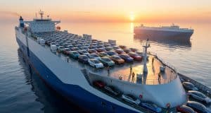 Comment BYD déploie sa flotte maritime pour l’export Un grand navire transporteur de voitures chargé de véhicules BYD naviguant en mer au coucher du soleil.
