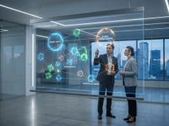 La réorganisation des marques Stellantis et le plan 2030 Deux professionnels analysent une carte interactive projetée sur une vitre dans un bureau moderne avec vue sur la ville.