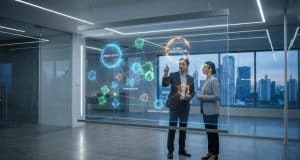 La réorganisation des marques Stellantis et le plan 2030 Deux professionnels analysent une carte interactive projetée sur une vitre dans un bureau moderne avec vue sur la ville.