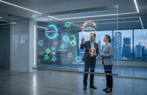 La réorganisation des marques Stellantis et le plan 2030 Deux professionnels analysent une carte interactive projetée sur une vitre dans un bureau moderne avec vue sur la ville.