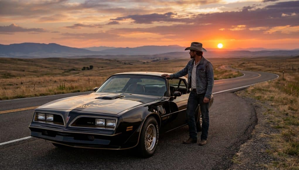 Burt Reynolds et sa Pontiac Trans Am au coucher du soleil Un homme en chapeau de cowboy accoudé à une Pontiac Trans Am noire sur une route déserte au coucher du soleil.