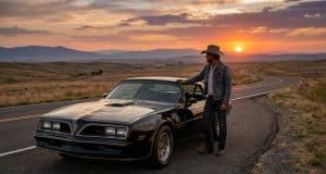 Burt Reynolds et sa Pontiac Trans Am : un accord de légende Un homme en chapeau de cowboy accoudé à une Pontiac Trans Am noire sur une route déserte au coucher du soleil.