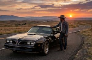 Burt Reynolds et sa Pontiac Trans Am : un accord de légende Un homme en chapeau de cowboy accoudé à une Pontiac Trans Am noire sur une route déserte au coucher du soleil.