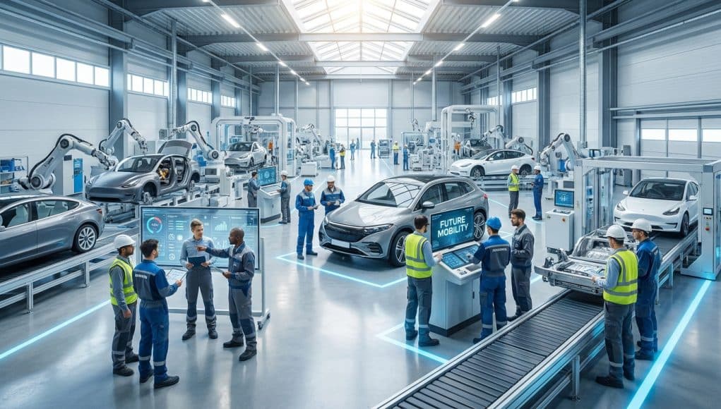 Équipe d'ingénieurs et techniciens travaillant dans une usine automobile Renault automatisée et moderne.