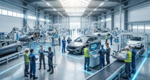 Réussir votre recrutement chez Renault Douai en 2026 Équipe d'ingénieurs et techniciens travaillant dans une usine automobile Renault automatisée et moderne.