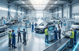 Réussir votre recrutement chez Renault Douai en 2026 Équipe d'ingénieurs et techniciens travaillant dans une usine automobile Renault automatisée et moderne.