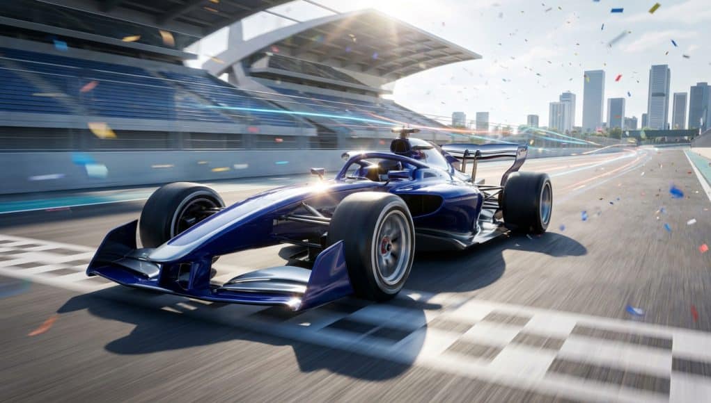 Kimi Antonelli vainqueur au Grand Prix d'Espagne 2026 Une voiture de course bleue traverse la ligne d'arrivée sous une pluie de confettis sur un circuit urbain moderne.