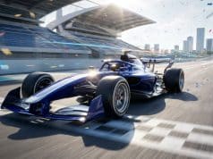 Kimi Antonelli remporte le GP d’Espagne 2026 au Madring Une voiture de course bleue traverse la ligne d'arrivée sous une pluie de confettis sur un circuit urbain moderne.
