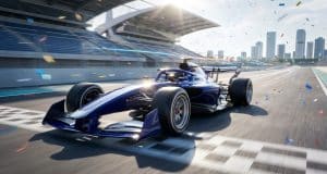 Kimi Antonelli remporte le GP d’Espagne 2026 au Madring Une voiture de course bleue traverse la ligne d'arrivée sous une pluie de confettis sur un circuit urbain moderne.