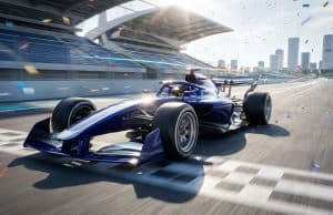 Kimi Antonelli remporte le GP d’Espagne 2026 au Madring Une voiture de course bleue traverse la ligne d'arrivée sous une pluie de confettis sur un circuit urbain moderne.