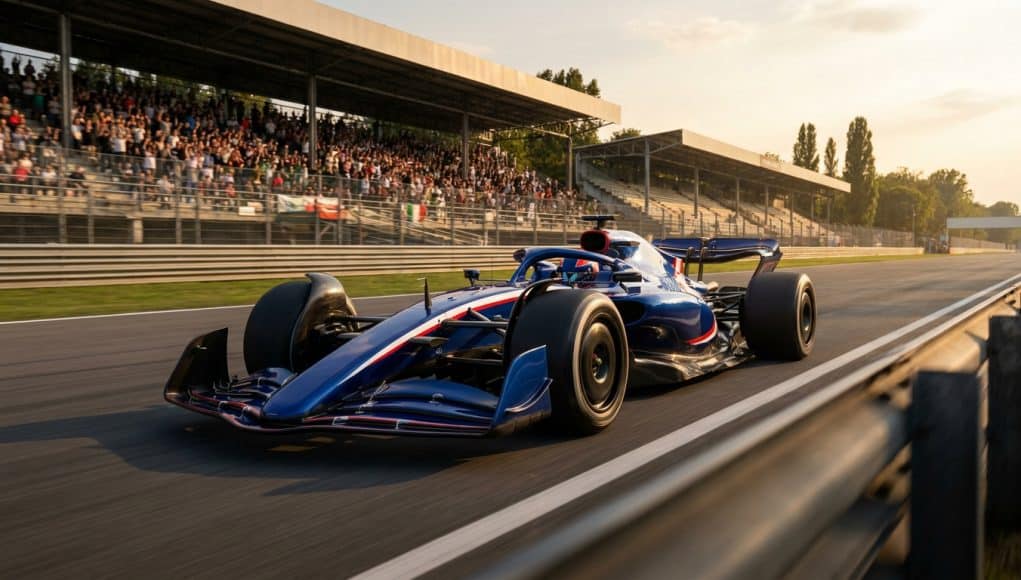Une monoplace de Formule 1 bleue et rouge roule sur le circuit de Monza devant des tribunes bondées au coucher du soleil.