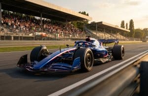 Pierre Gasly en pole à Monza : l’exploit historique du Français Une monoplace de Formule 1 bleue et rouge roule sur le circuit de Monza devant des tribunes bondées au coucher du soleil.
