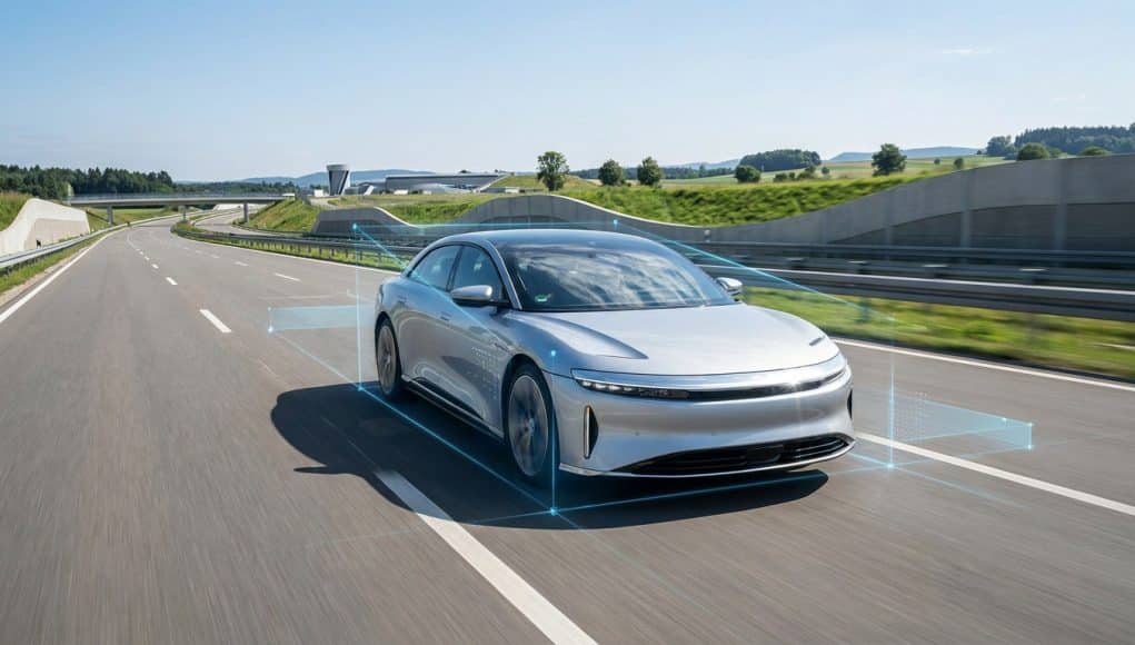 Tests de conduite autonome par l'UTAC Une berline électrique argentée roule sur autoroute, entourée de graphiques holographiques illustrant la conduite autonome.