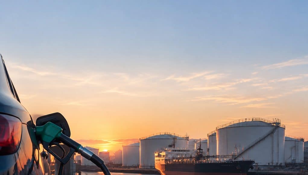 Baisse des prix du gazole en Europe Pistolet à essence inséré dans une voiture avec en arrière-plan un pétrolier et des réservoirs au coucher du soleil.