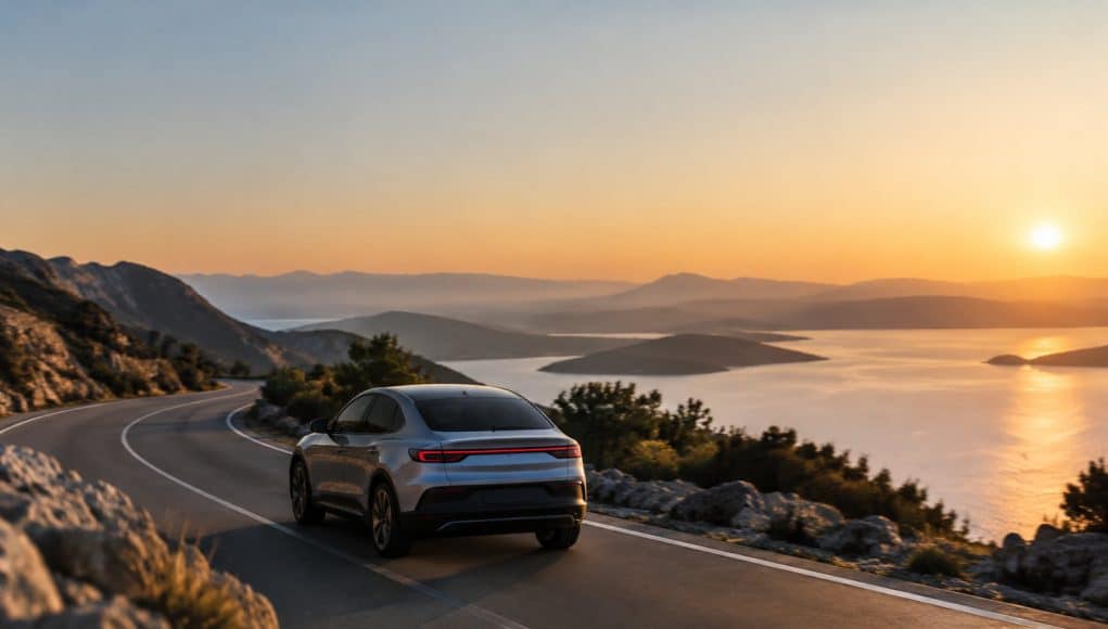 Polestar : mesurer le plaisir de conduite Une voiture Polestar argentée roule sur une route côtière sinueuse au coucher du soleil avec une vue sur la mer.