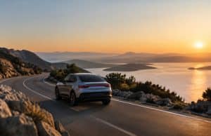 Polestar et Oxford mesurent-ils le plaisir de conduite ? Le protocole expliqué Une voiture Polestar argentée roule sur une route côtière sinueuse au coucher du soleil avec une vue sur la mer.