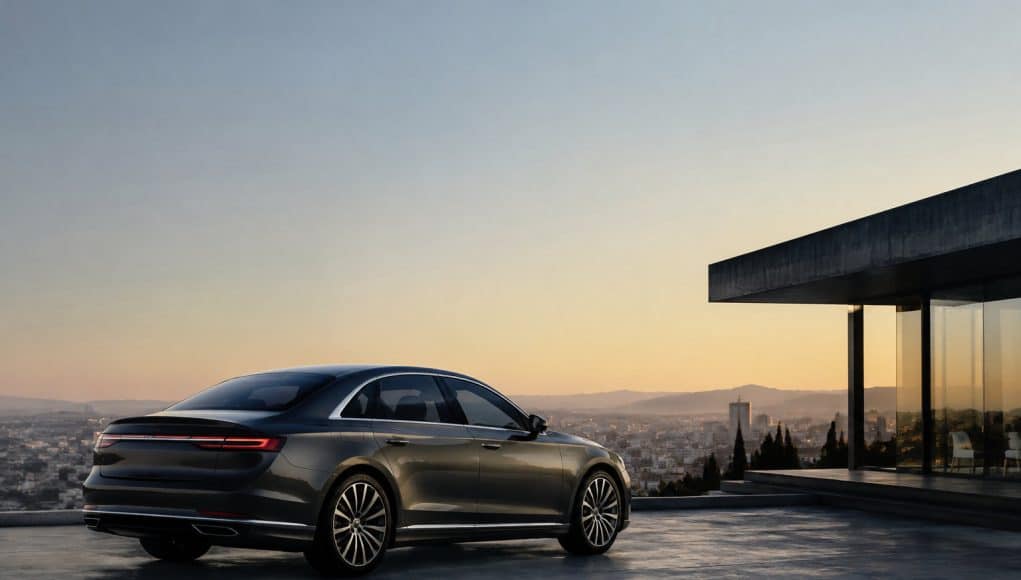 Audi A8 : l'élégance face au crépuscule Une Audi A8 gris foncé stationnée sur une terrasse moderne surplombant une ville au coucher du soleil.