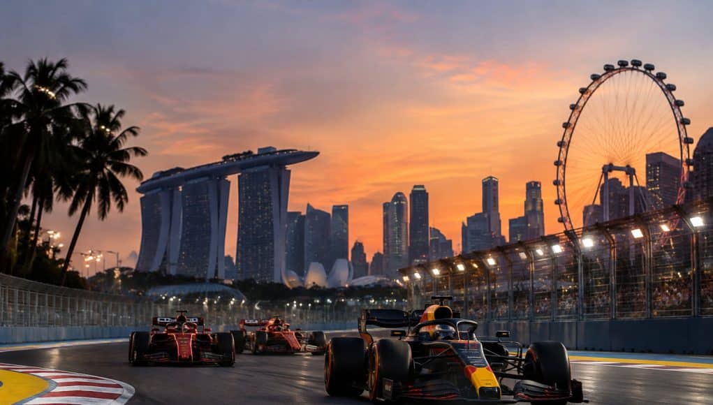 Max Verstappen en tête d'une course de Formule 1 au coucher du soleil à Singapour, avec la skyline en arrière-plan.