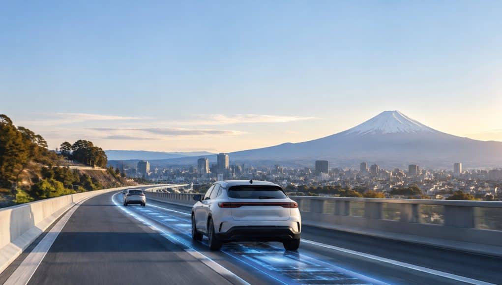 Recharge par induction dynamique Honda et Taisei Voitures électriques roulant sur une autoroute japonaise avec une animation lumineuse bleue illustrant la recharge sans fil.