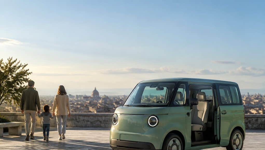 Fiat Multiplina : le quadricycle électrique familial Une Fiat Multiplina verte garée sur une terrasse avec une famille en arrière-plan et une vue sur Rome.