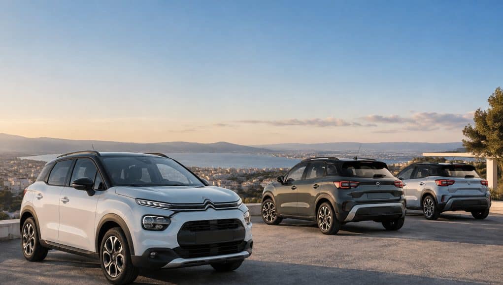 Citroën C3 : l’alternative européenne accessible Trois voitures Citroën C3 stationnées sur un belvédère surplombant une baie au coucher du soleil.