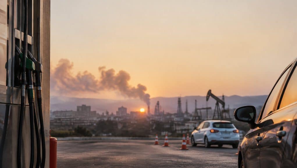 Le coût du permis face à la hausse des carburants Pompes à essence au premier plan avec une voiture et une raffinerie en arrière-plan sous un coucher de soleil.