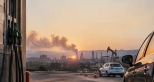 Carburants chers : votre permis pourrait coûter plus cher aux élèves Pompes à essence au premier plan avec une voiture et une raffinerie en arrière-plan sous un coucher de soleil.