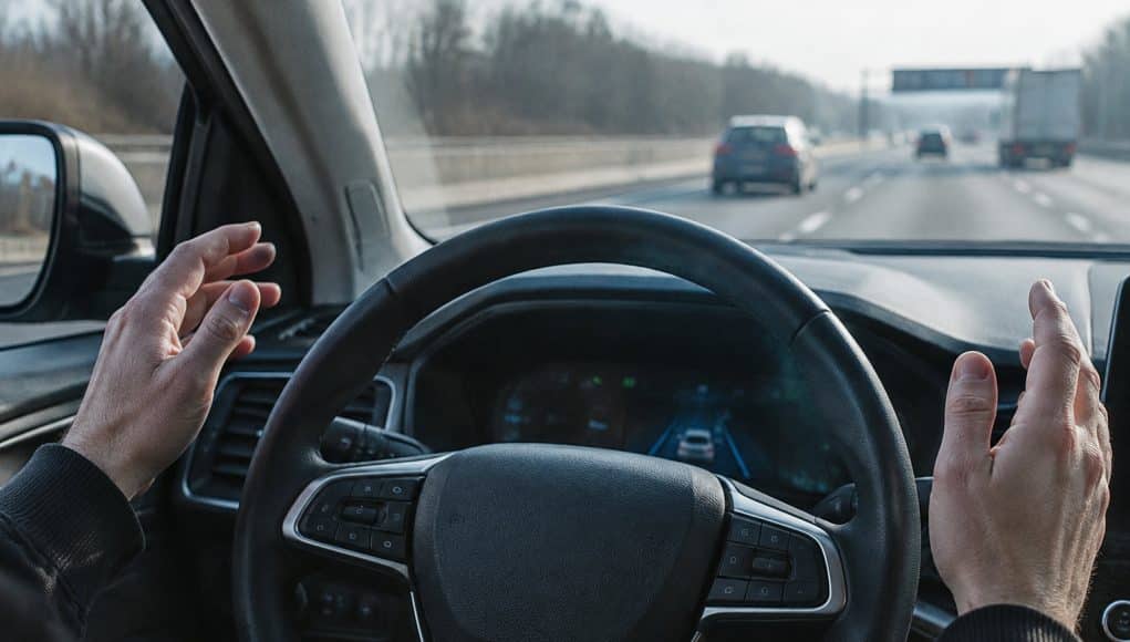 Essai du système BlueCruise de Ford sur autoroute Un conducteur lâche le volant sur une autoroute alors que le système BlueCruise de Ford est actif.