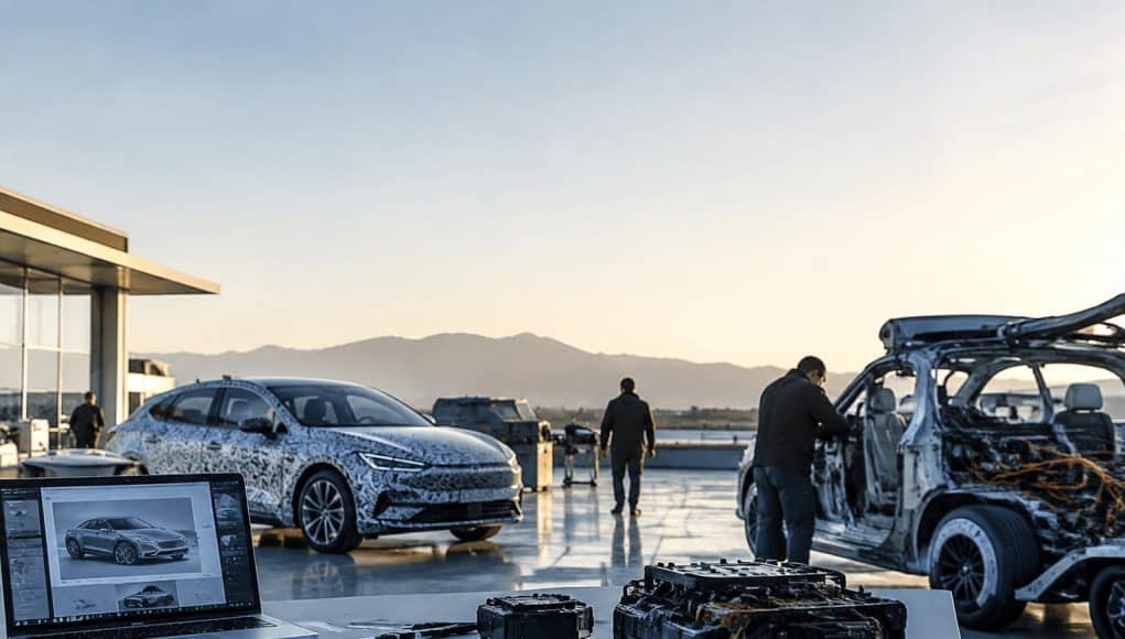 Conception automobile : entre numérique et réalité Ingénieurs travaillant sur des voitures prototypes et des composants électroniques en extérieur au coucher du soleil.