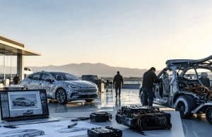 Accélération des cycles de conception automobile et complexification électronique : quels risques ? Ingénieurs travaillant sur des voitures prototypes et des composants électroniques en extérieur au coucher du soleil.