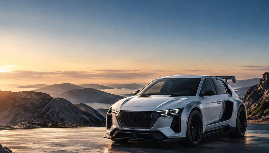 Concept-car blanc Peugeot E-T16 garé au sommet d'une montagne rocheuse lors d'un coucher de soleil spectaculaire.
