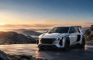 Peugeot E-T16, hommage à la 205 T16 et préfiguration de la e-208 Concept-car blanc Peugeot E-T16 garé au sommet d'une montagne rocheuse lors d'un coucher de soleil spectaculaire.