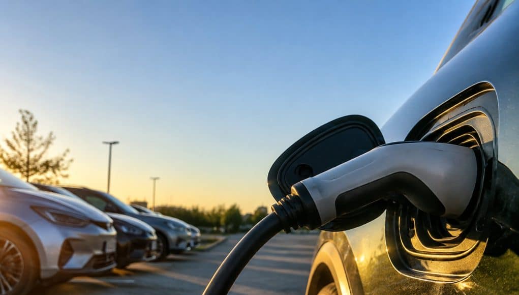 Voiture électrique en charge au coucher du soleil Gros plan sur un câble de recharge branché sur une voiture électrique avec d'autres véhicules garés en arrière-plan.