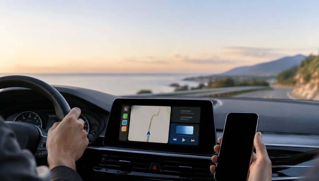 Android Auto : fin du support pour les anciennes versions ? Conducteur tenant un smartphone dans sa main droite face au tableau de bord d'une voiture avec un système d'infodivertissement.