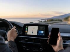 Android Auto : Google pourrait exclure les appareils sous Android 9 et 10 Conducteur tenant un smartphone dans sa main droite face au tableau de bord d'une voiture avec un système d'infodivertissement.