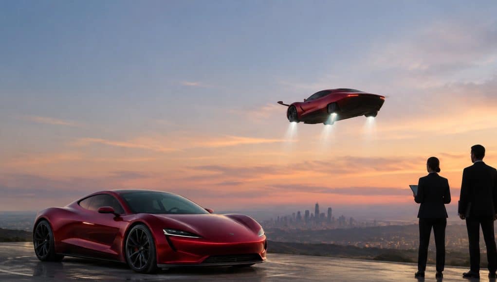 Le futur Tesla Roadster : entre route et ciel Une Tesla Roadster rouge au sol et une autre volant dans le ciel au coucher du soleil face à deux personnes en costume.