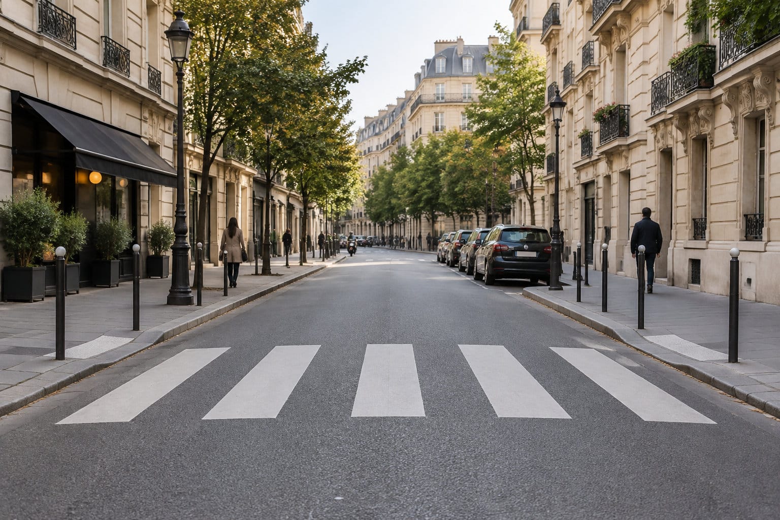 Une rue bordée d’immeubles haussmanniens, d’arbres et de voitures, avec un passage piéton au premier plan et des piétons sur les trottoirs.