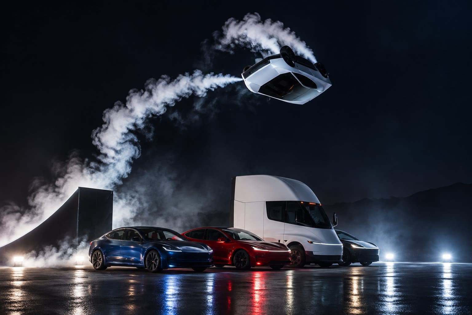 Plusieurs voitures et un camion blanc sont alignés sur une piste humide et enfumée, tandis qu’une voiture se retourne dans les airs.