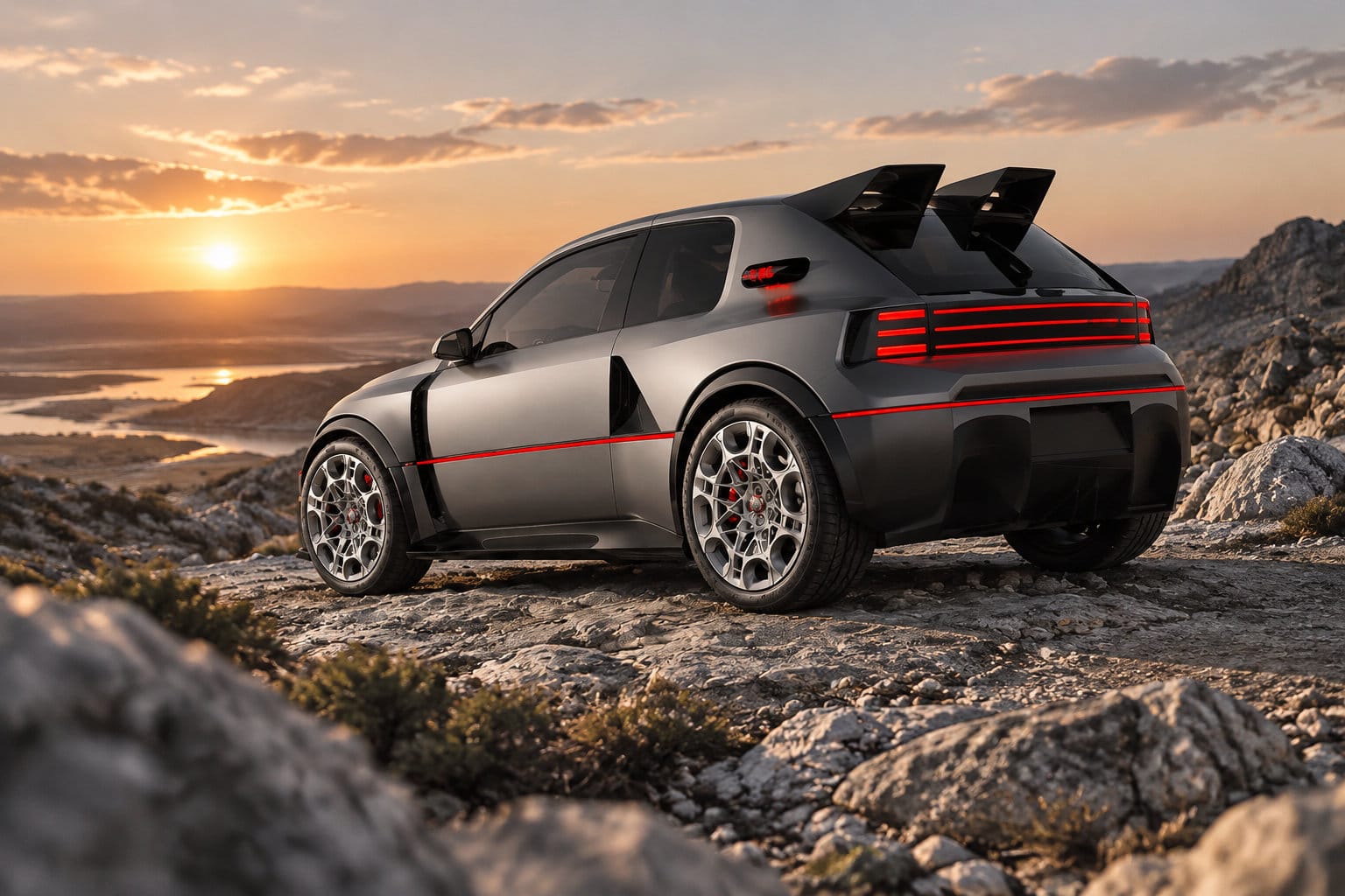 Une voiture grise aux lignes futuristes est garée sur un terrain rocheux au coucher du soleil.