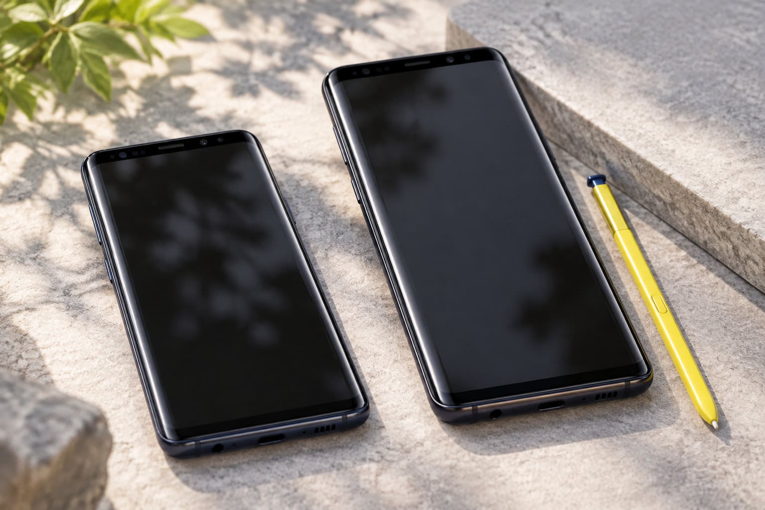 Deux téléphones noirs aux écrans éteints et un stylet jaune sont posés sur une surface en pierre, à l’extérieur.