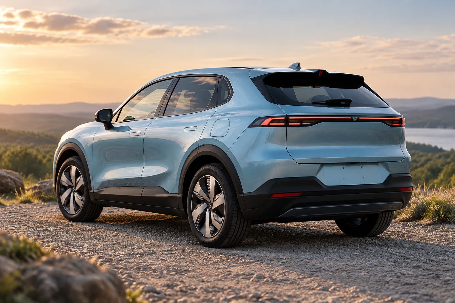 Un SUV bleu clair est garé sur un chemin rocailleux au bord d’un lac, dans un paysage de collines au coucher du soleil.
