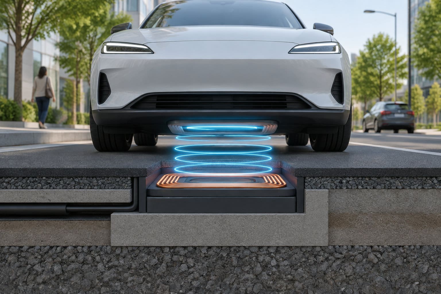 Une voiture électrique est garée au-dessus d’un dispositif de recharge intégré à la chaussée, représenté par des anneaux lumineux entre le véhicule et une plaque au sol.