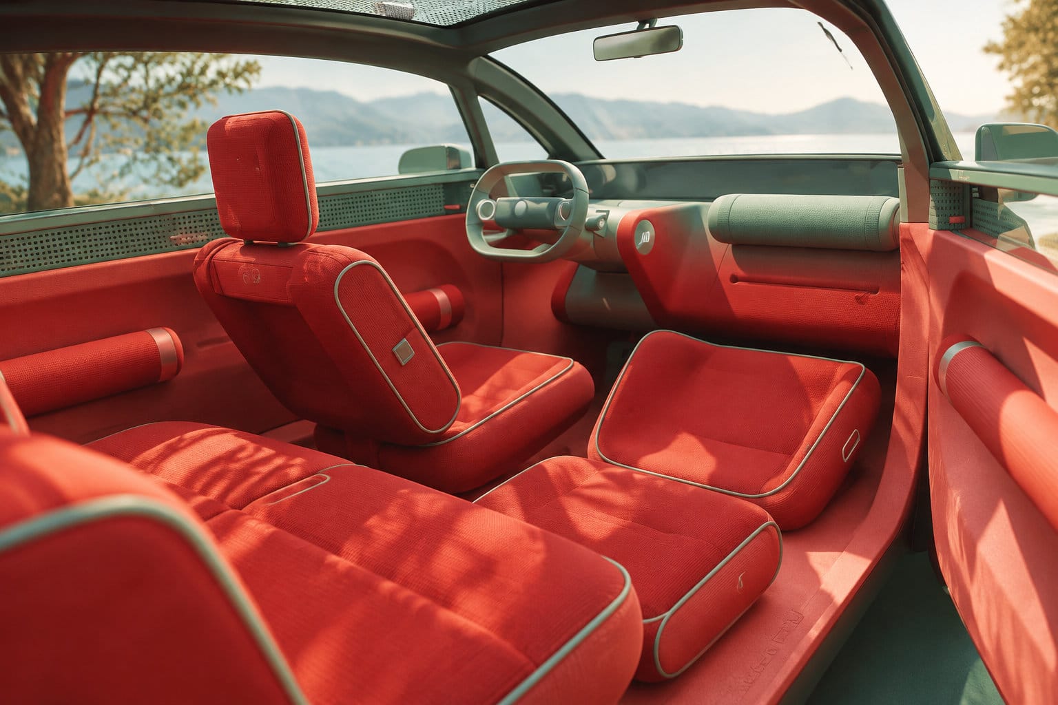 L’intérieur d’une voiture décapotable présente des sièges et des garnitures rouges, avec un volant et un tableau de bord, devant un paysage de lac et de montagnes.