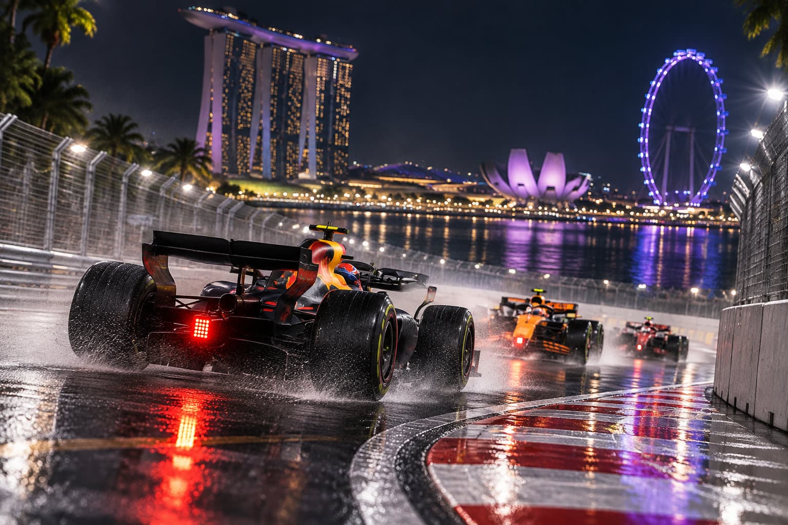 Des voitures de course roulent sur un circuit urbain détrempé, de nuit, devant des bâtiments et une grande roue illuminés.