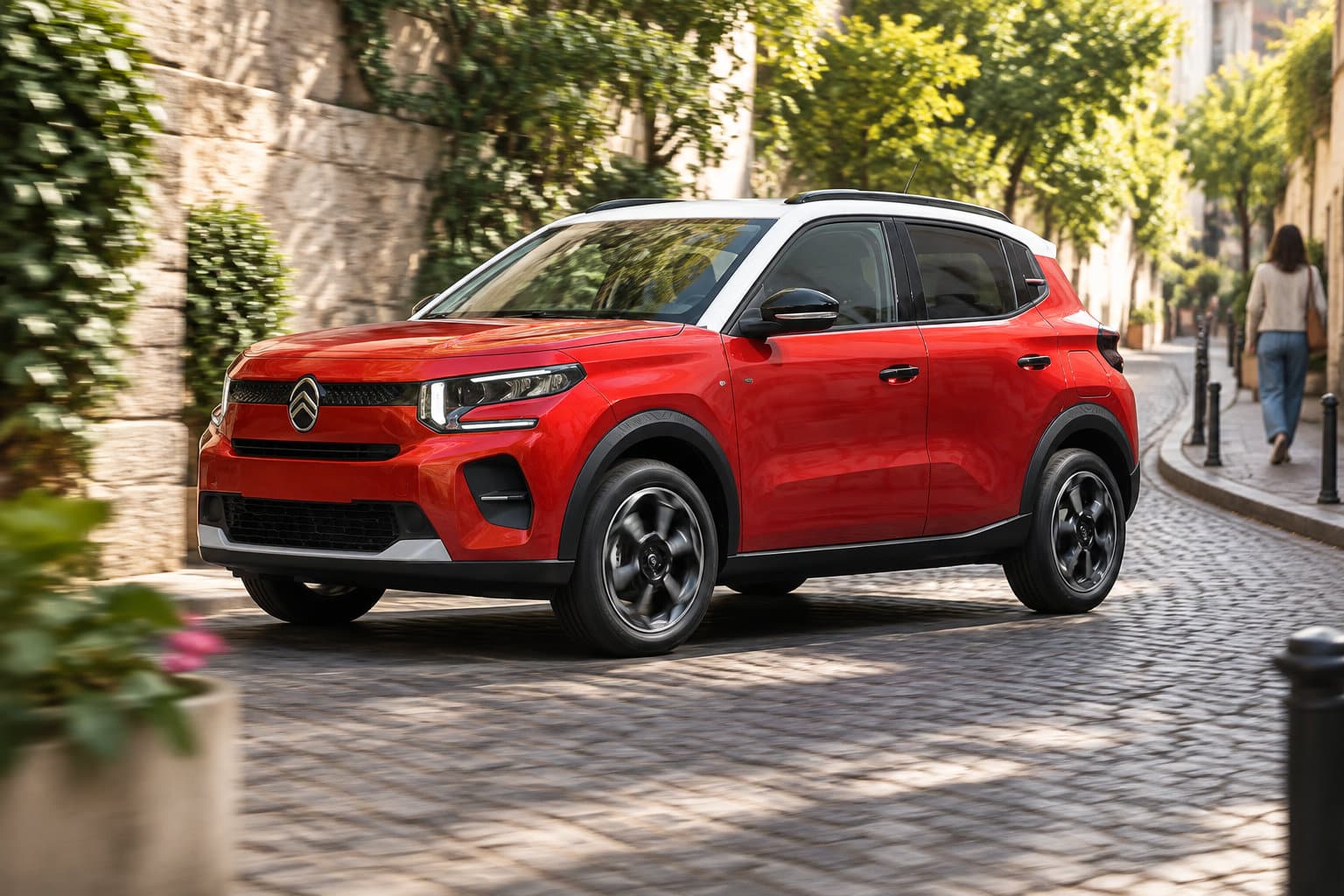 Un SUV rouge roule dans une rue pavée bordée d’arbres, tandis qu’une personne marche sur le trottoir.