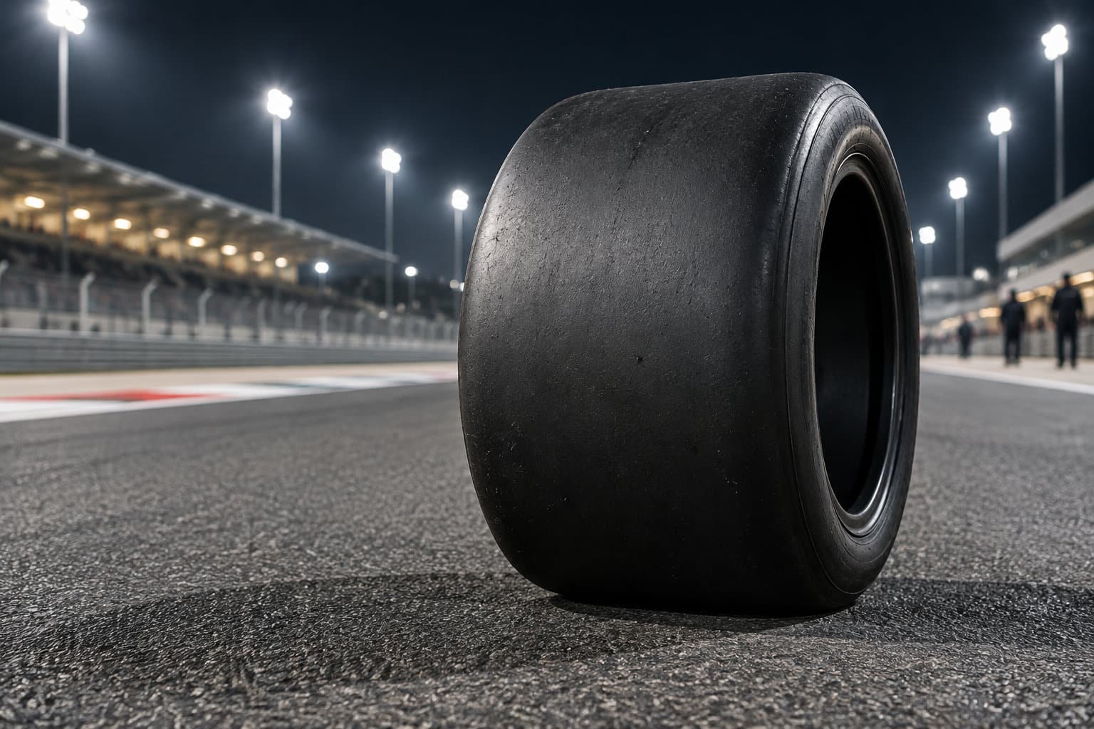 Un gros pneu de course usé est posé debout sur une piste éclairée, avec des tribunes et des silhouettes en arrière-plan.