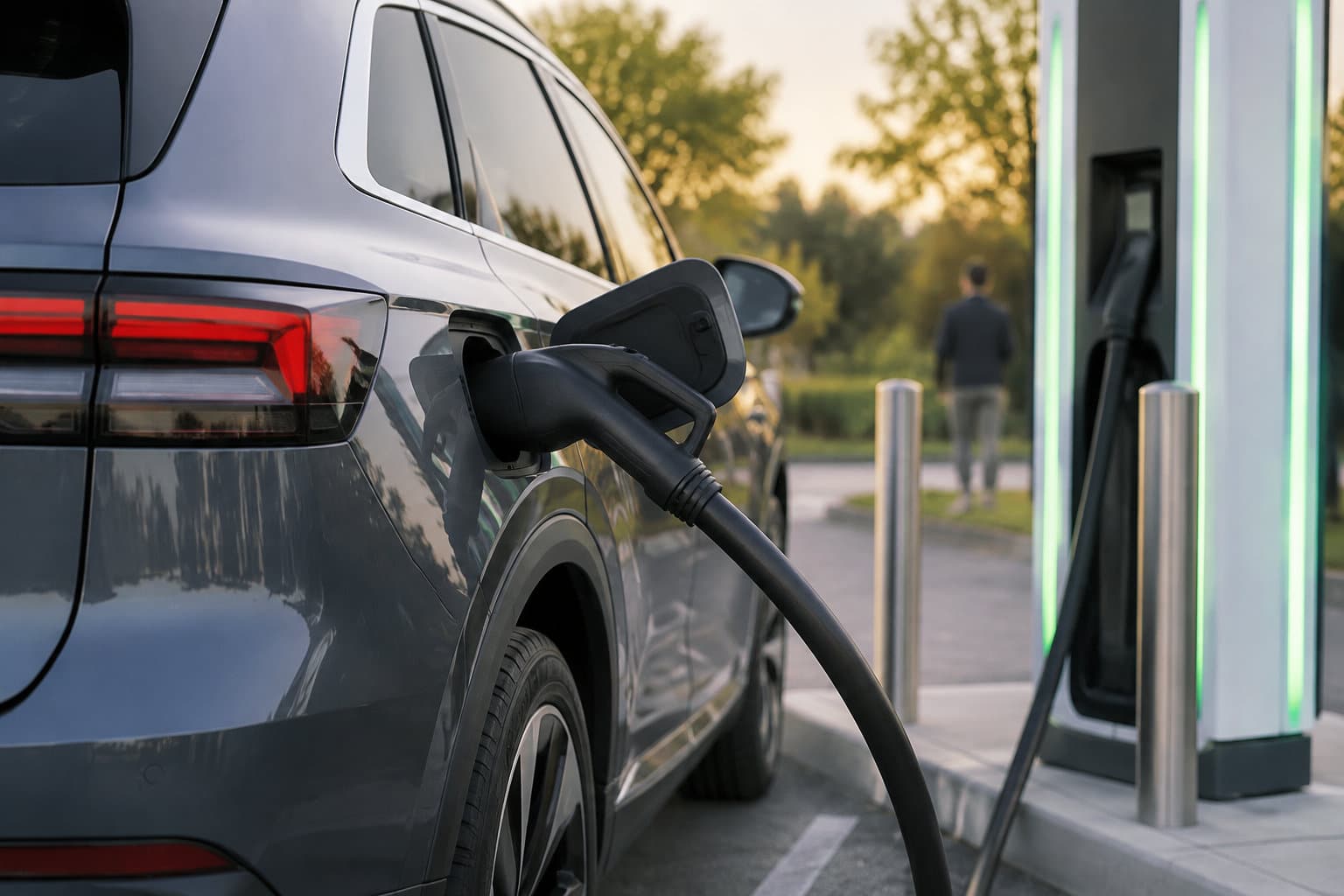 Un véhicule électrique gris est branché à une borne de recharge éclairée par des bandes vertes, tandis qu’une personne s’éloigne à l’arrière-plan.