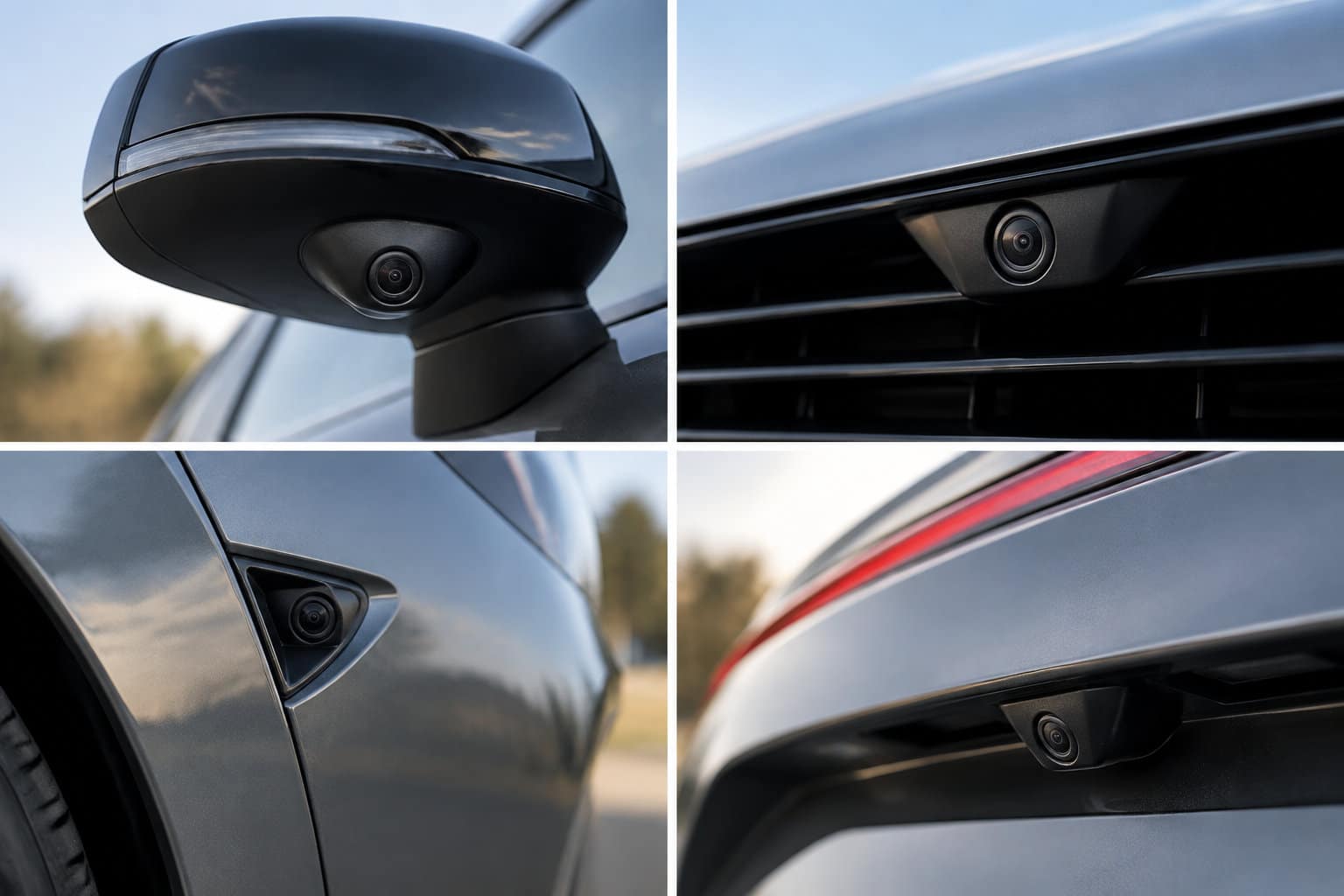 Un montage montre quatre gros plans de petites caméras intégrées à différentes parties d’une voiture.