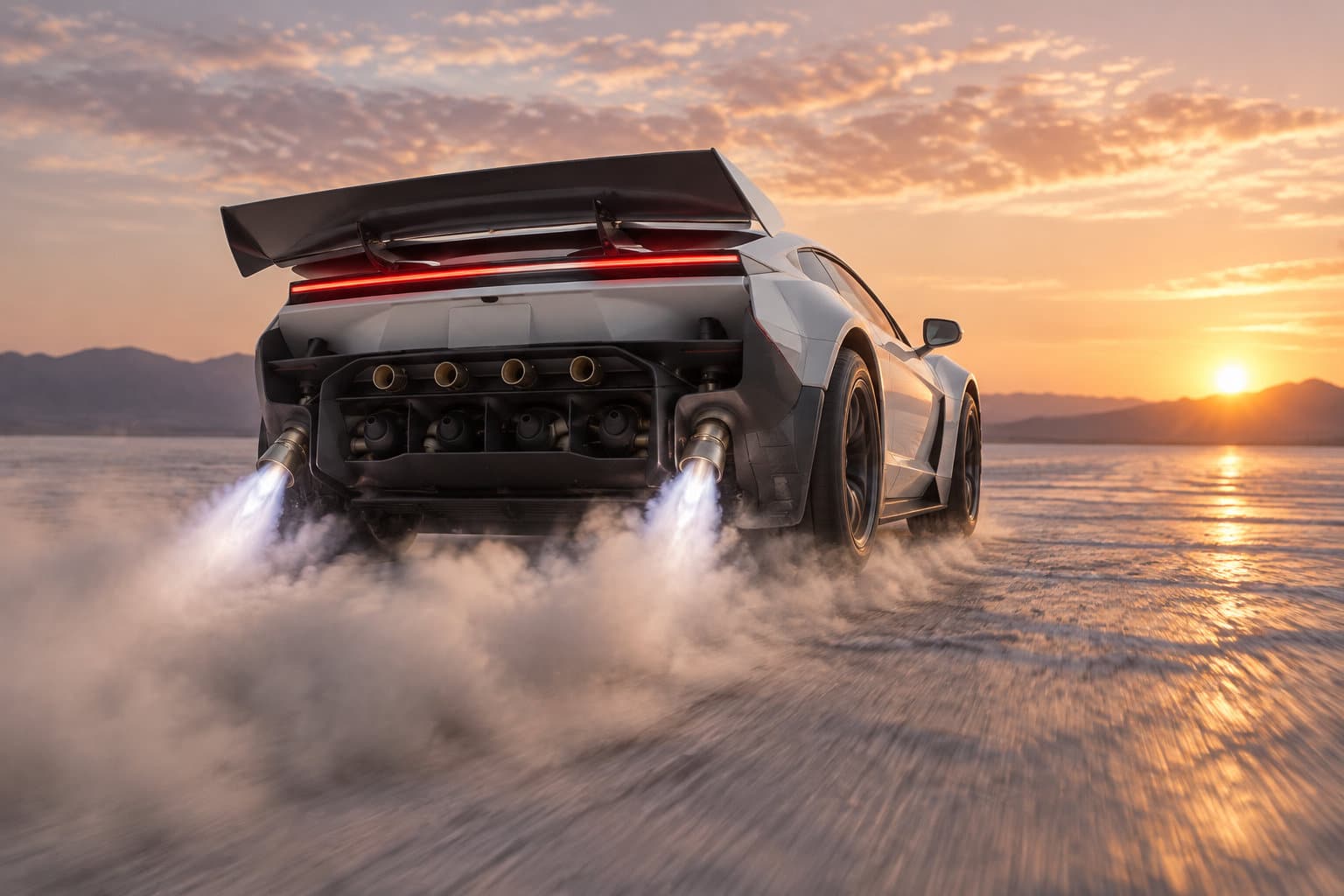Une voiture de sport équipée d’un grand aileron et de propulseurs arrière traverse une étendue poussiéreuse au coucher du soleil.