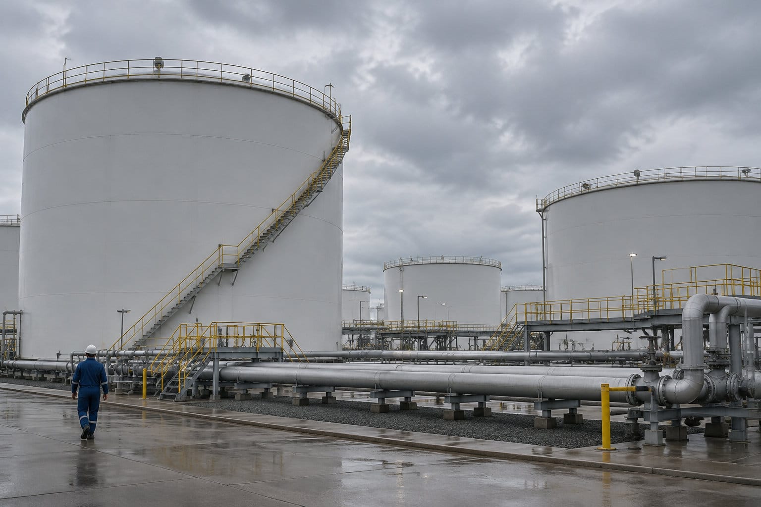 Un ouvrier marche dans une installation industrielle composée de grands réservoirs et de conduites, sous un ciel nuageux.